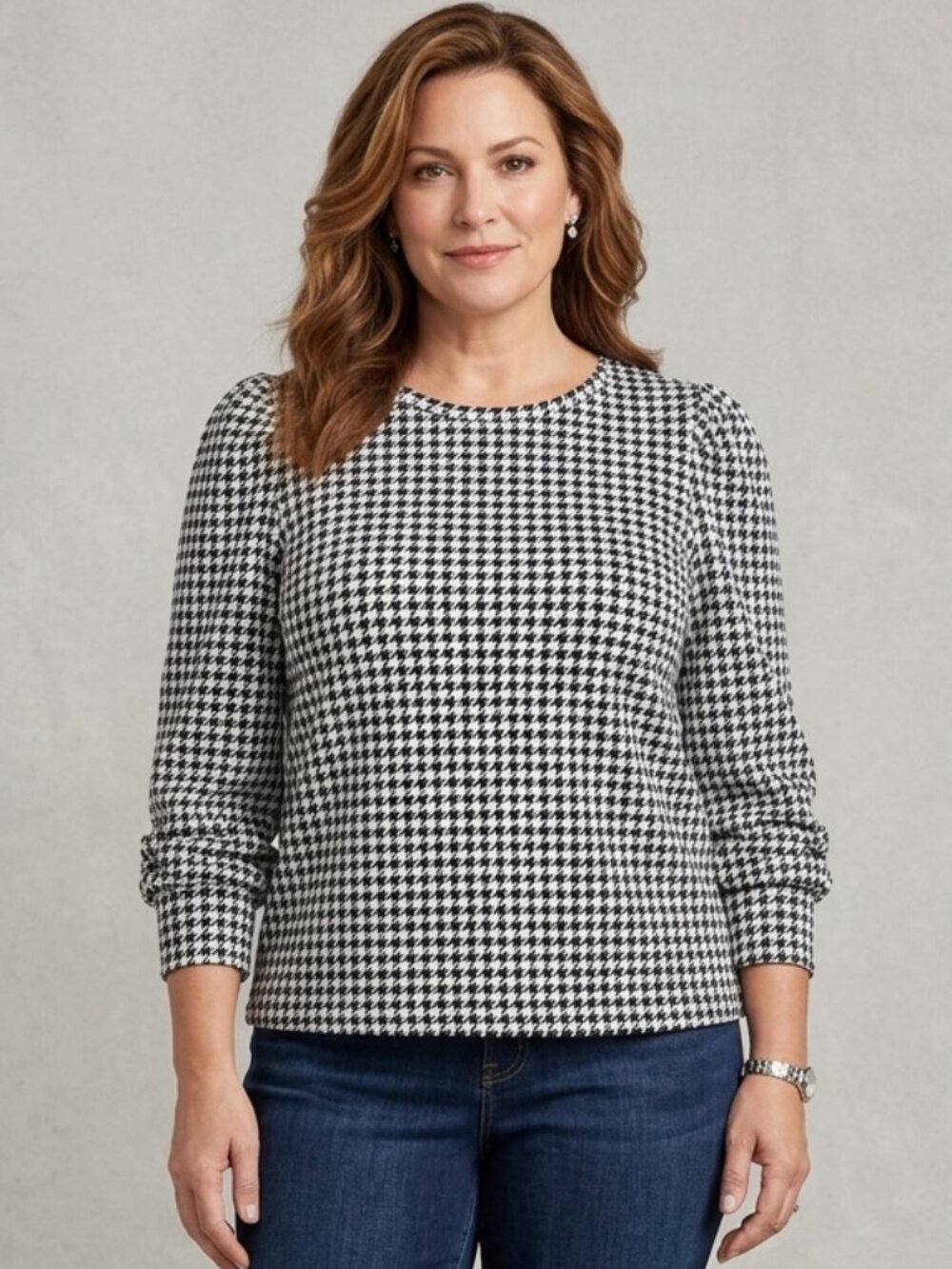 Talbots Women's Size 2X Black White Houndstooth Pearl Button Cuff Top